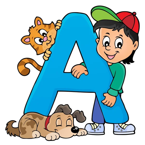 Garçon et animaux de compagnie avec lettre A — Image vectorielle