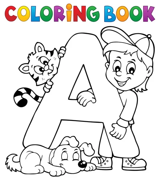 Colorir menino livro e animais de estimação por letra A —  Vetores de Stock