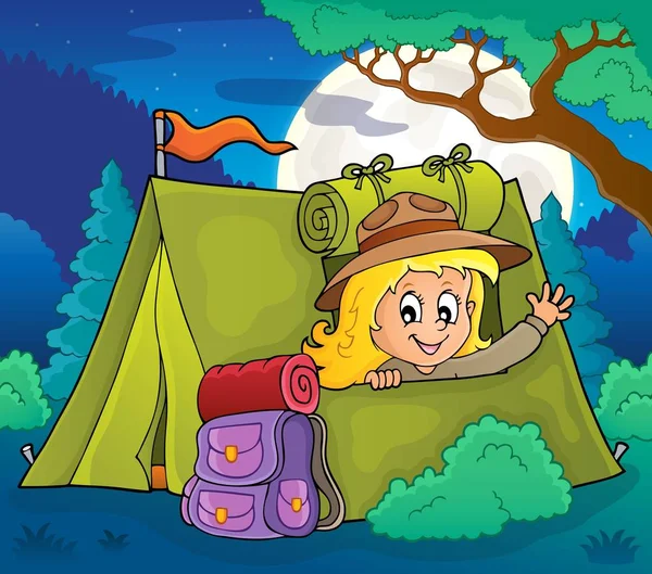 Scout girl in tent theme 4 — Stock Vector