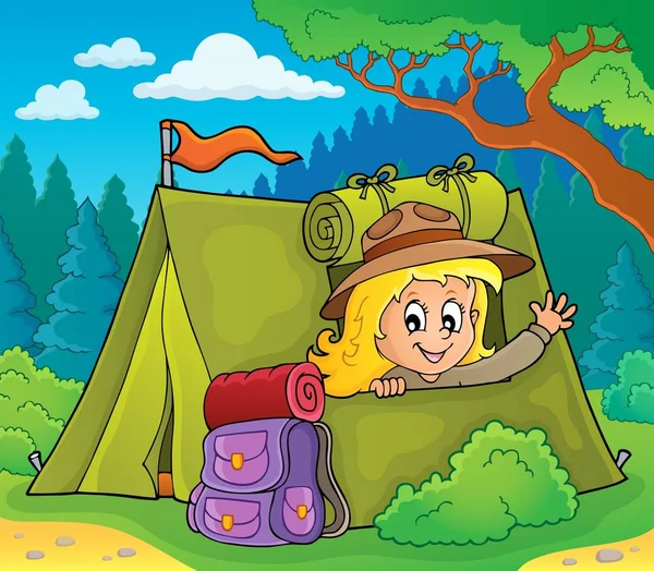 Scout girl in tent theme 3 — Stock Vector