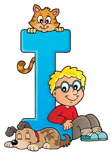 เด็กชายและสัตว์เลี้ยงที่มีตัวอักษร I — ภาพเวกเตอร์สต็อก