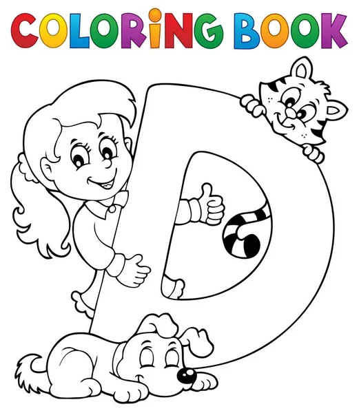 Libro da colorare ragazza e animali domestici per lettera D — Vettoriale Stock