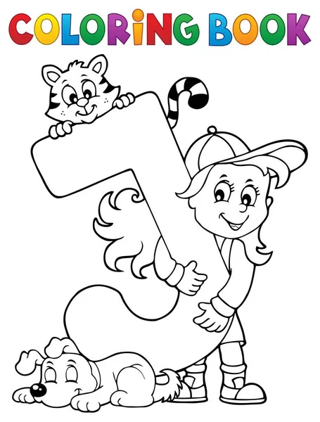 Coloriage fille livre et animaux de compagnie par lettre J — Image vectorielle