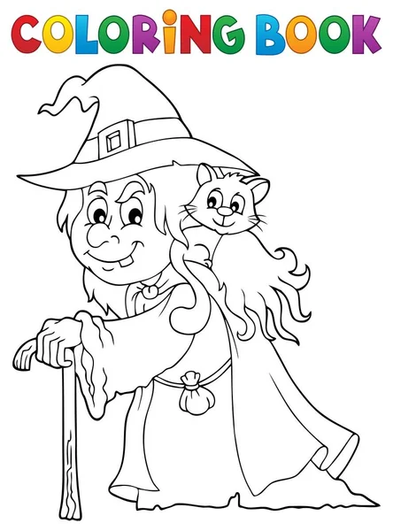 Livro para colorir bruxa com gato tópico 1 —  Vetores de Stock