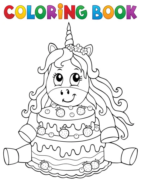 Livre Colorier Licorne Avec Gâteau Illustration Vectorielle Eps10 — Image vectorielle