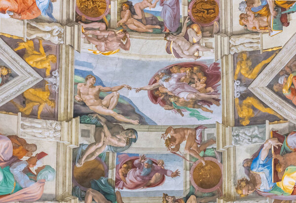 Rome, Italy - June 29, 2017: Sistine chapel ceiling, creation scene, Vatican museums, Rome, Italy.