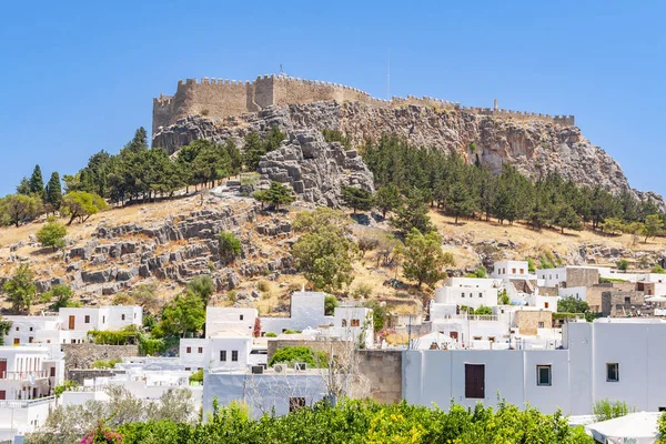 Cityscape Lindos Ancient City Whitewashed Little Houses Densely Located Each — Stock Photo, Image