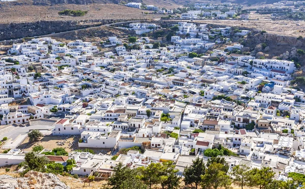 Cityscape Lindos Cidade Antiga Com Casas Pequenas Whitewashed Densamente Localizadas — Fotografia de Stock