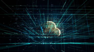 Cloud teknolojisi, bulut bilgi işlem sembolü, rasgele sayılar ve diğer öğeleri hangi Soyut 3d bilgi teknoloji şekil oluşturma