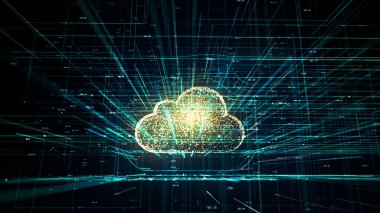 Cloud teknolojisi, bulut bilgi işlem sembolü, rasgele sayılar ve diğer öğeleri hangi Soyut 3d bilgi teknoloji şekil oluşturma