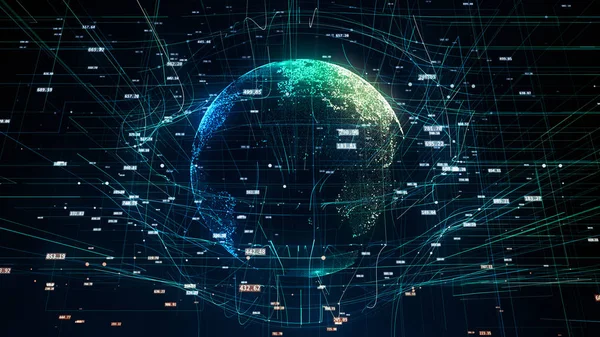 グローバル ネットワーク図 ランダムな数字とその他の要素は デジタル単語のシンボルとグローバル情報技術を象徴する イラスト — ストック写真