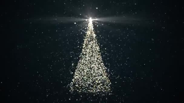 Boldog Karácsonyt Üdvözlő Videókártya Karácsonyfa Ragyogó Fény Eső Hópelyhek Csillagok — Stock videók