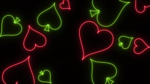 Gambling neon background with decks hearts, tiles, clovers, pikes — Stock Video