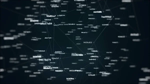 abstract tech illustration of connected random hashes with depth of field