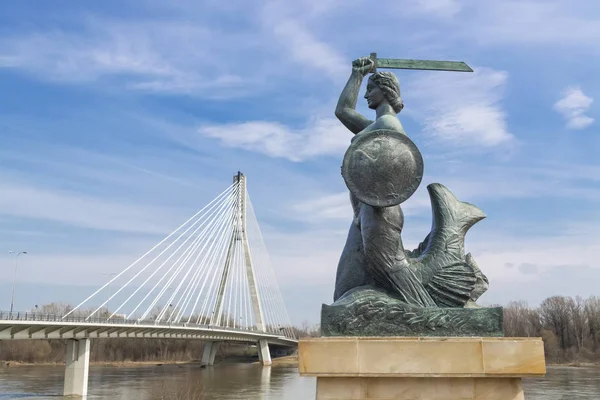 Capital Polônia Varsóvia Símbolo Varsóvia Sereia Perto Ponte Suspensa — Fotografia de Stock