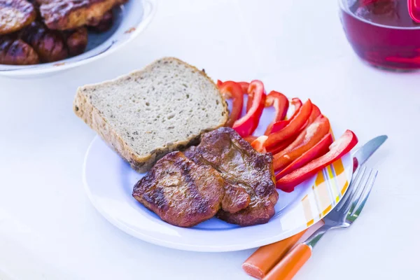Grilled Meat Bread Seasonings White Plate — Stock Photo, Image