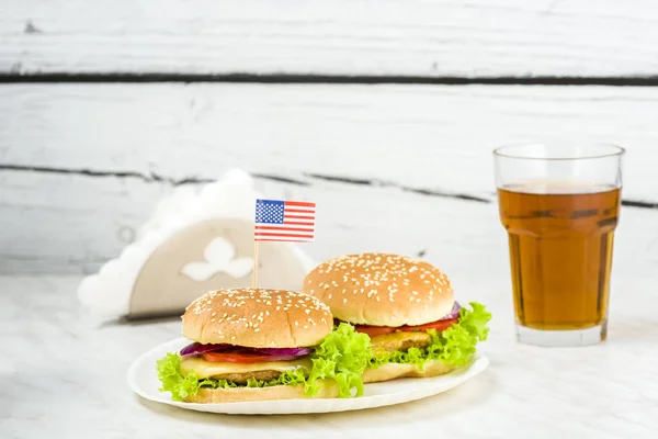 American cheeseburger quick and tasty breakfast on white background