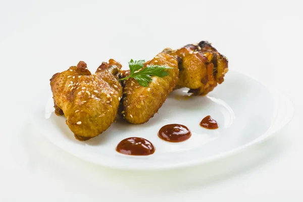 Fried Chicken Wings Sesame White Plate Stock Picture