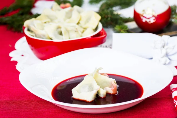 Червоний Борщ Пельменями Польський Традиційний Суп — стокове фото