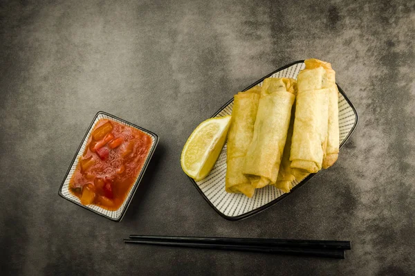 Spring Rolls Vegetables Chopsticks Sweet Sour Sauce — Stock Photo, Image