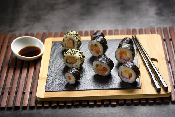 Sushi Fish Rice Toppings Served Stone Plate — Stock Photo, Image