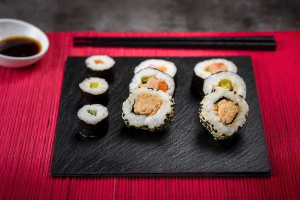 Sushi Fish Rice Toppings Served Stone Plate — Stock Photo, Image