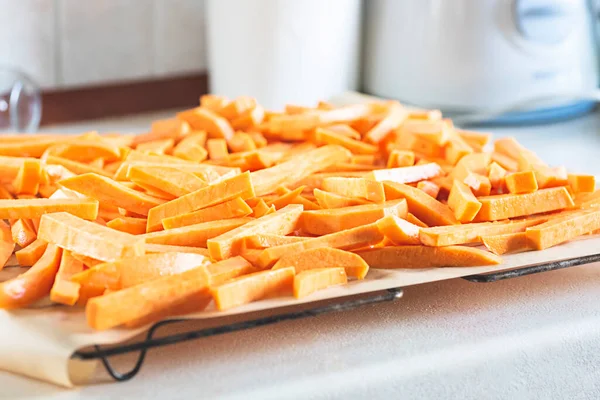 Sweet Potato Fries Placing Oven — Stock Photo, Image