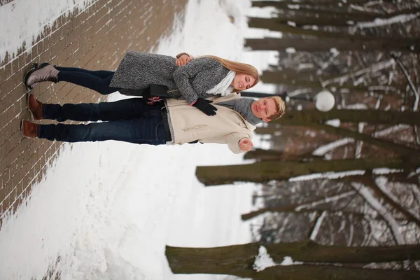 Couple Heureux Amoureux Dans Parc Hiver — Photo