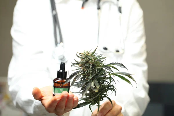 Mão Médico Segurar Oferecer Paciente Maconha Medicinal Óleo Receita Cannabis — Fotografia de Stock