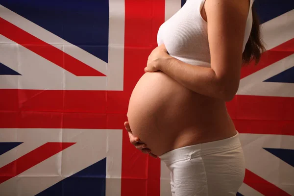 Fertilidade Reino Unido Conceito Uma Menina Grávida Bandeira Inglesa — Fotografia de Stock