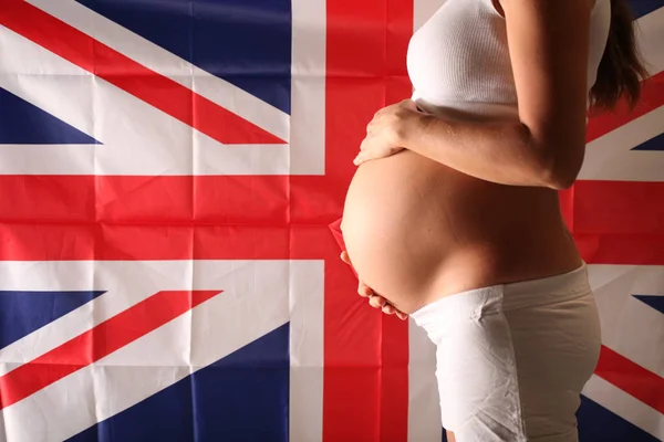 Fertilidad Reino Unido Concepto Una Niña Embarazada Bandera Inglesa — Foto de Stock