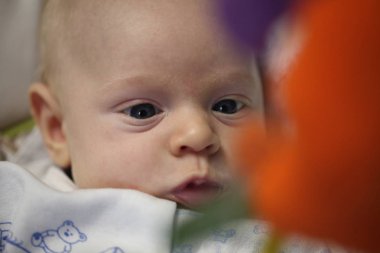 Komik bebek beşiği Noel ağacı karşı oynamak Oyuncaklar yatıyor