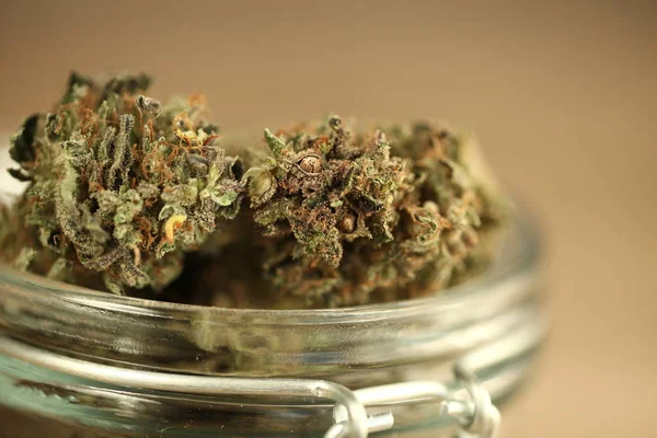 Medical Cannabis Marijuana Glass Jar — Stock Photo, Image