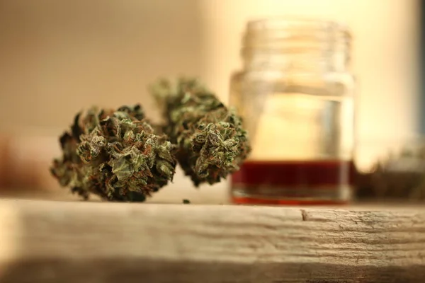 Close up recreation marijuana medical cannabis oil cbd — Stock Photo, Image