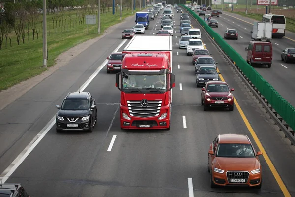 Belarus Minsk May 2019 Flow Transport Both Directions Cars Traffic Stock Picture