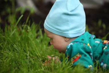 çimenler üzerinde sürünen sevimli küçük çocuk 