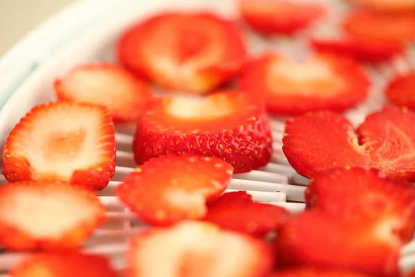 Geschnittene Erdbeeren Trockenregal Fruchttrockner — Stockfoto