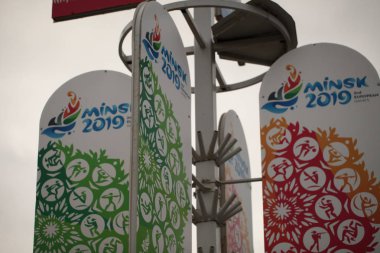 Beyaz Rusya, Minsk, 17 Haziran 2019. Minsk ikinci Avrupa oyunları Logo amblem sembolizm.