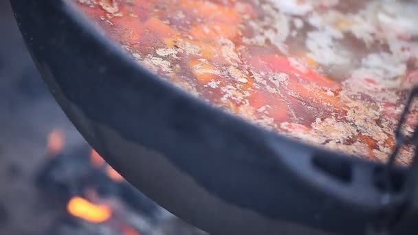 Buiten Koken Het Vuur Een Grote Ketel Aziatisch Eten — Stockvideo