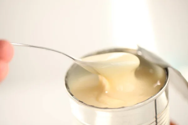 Sweetened Condensed Milk Spoon — Stock Photo, Image
