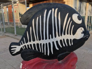 Açıklayıcı editoryal Eilat şehrinin meydanında heykel balık grafiti boyalı. İsrail,Eilat,Haziran 2018