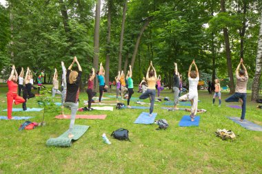 Beyaz Rusya, Minsk, Haziran 2015. insanlar yoga tra sırasında egzersiz yapmak