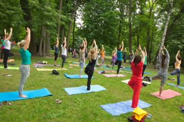 Beyaz Rusya, Minsk, Haziran 2015. insanlar yoga tra sırasında egzersiz yapmak