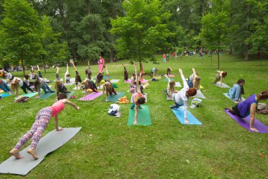 Beyaz Rusya, Minsk, Haziran 2015. insanlar yoga tra sırasında egzersiz yapmak