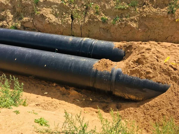 Nuevas Tuberías Agua Aisladas Sitio Construcción Trincheras — Foto de Stock