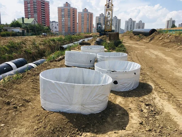 Nuevas Tuberías Agua Aisladas Sitio Construcción Trincheras — Foto de Stock