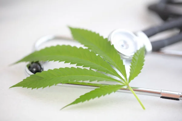 Estetoscópio Medicinal Folha Cannabis Mesa Branca Marijuana Saúde Conceito Cânhamo — Fotografia de Stock