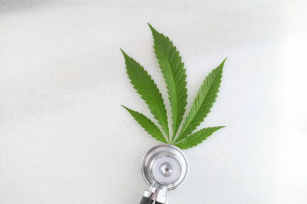 Cannabis Leaf Medical Stethoscope White Table Marijuana Health Hemp Concept — Stock Photo, Image