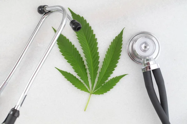 Medyczny Stetoskop Liści Konopi Białym Stole Marihuana Zdrowie Koncepcja Konopi — Zdjęcie stockowe