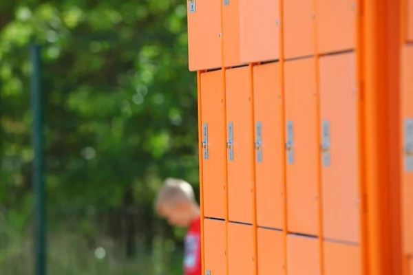 Outdoor Sports Ground Yellow Locker Boxes Belarus Minsk 2020 — Stock Photo, Image